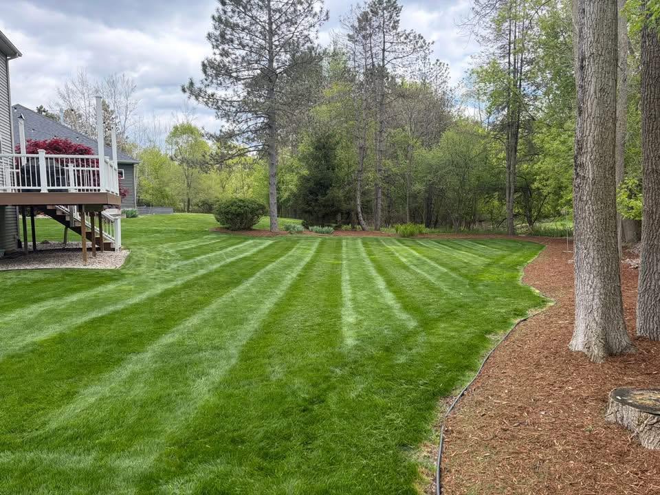 Perfectly striped lawn with manicured mulch beds